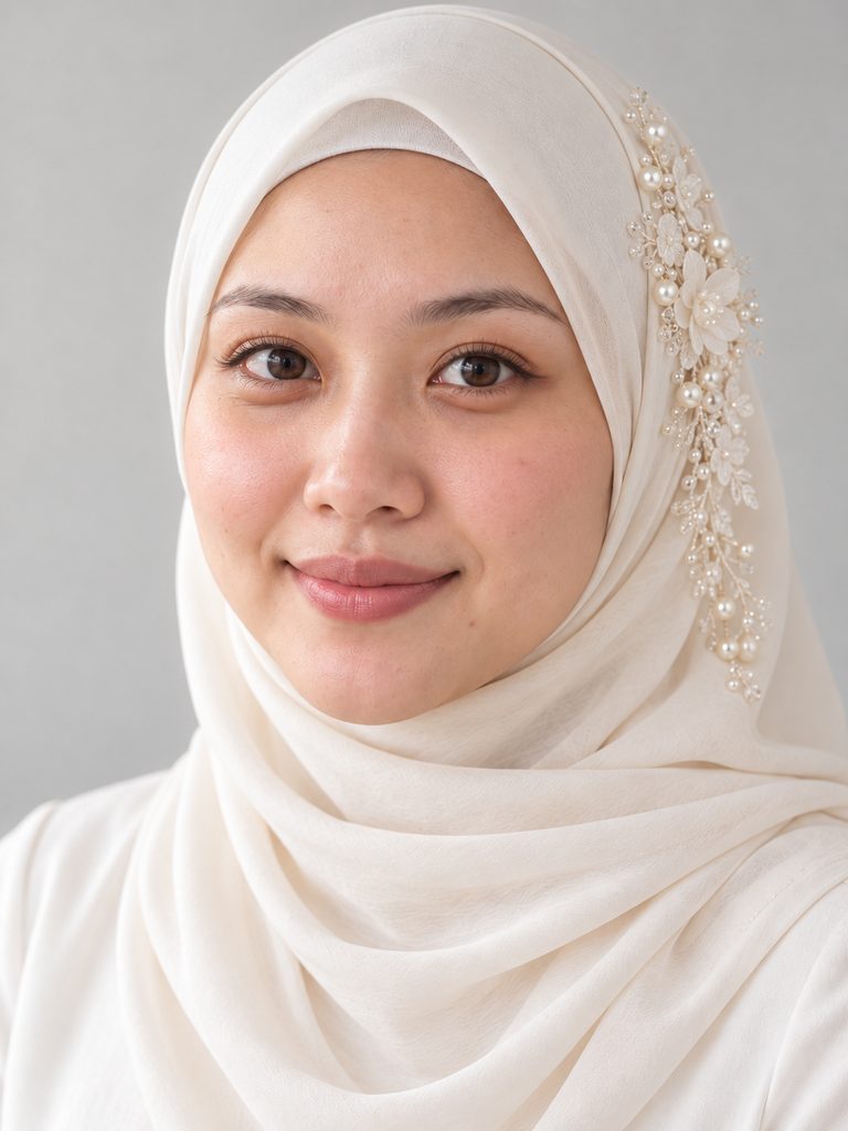 Bride 2 after bridal makeup with the hijab styled with a pearl and lace accessory