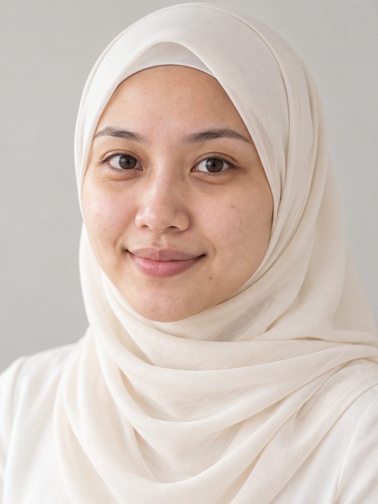 Bride 2 before makeup, wearing a cream hijab
