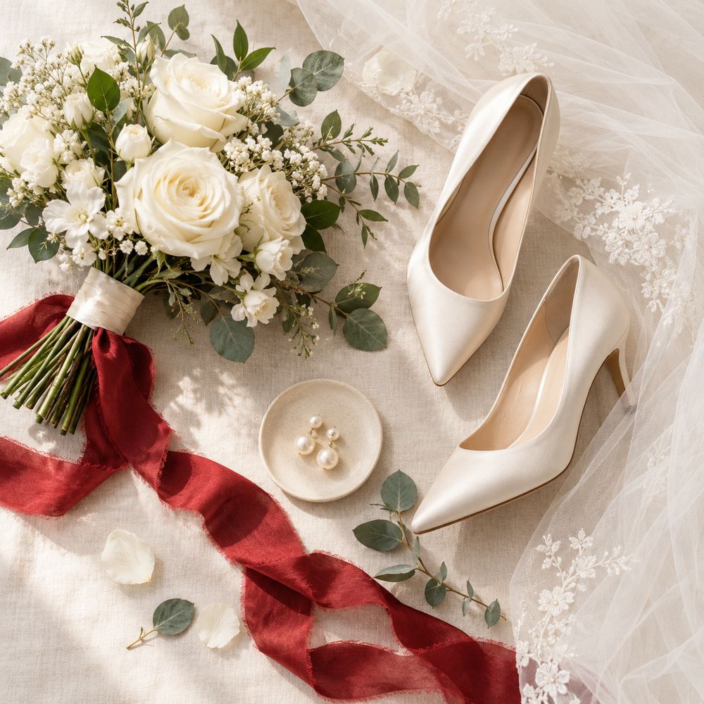 Veil, heels, pearls and a white bouquet laid out on linen