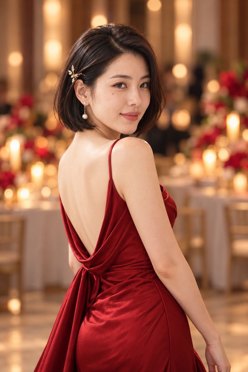 Shu Wen in a red backless evening gown, glancing back in a candlelit ballroom