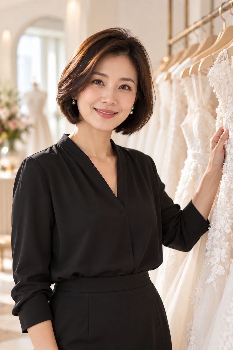 Vivian Ooi, founder of Tea & Veil, standing beside the gown rail