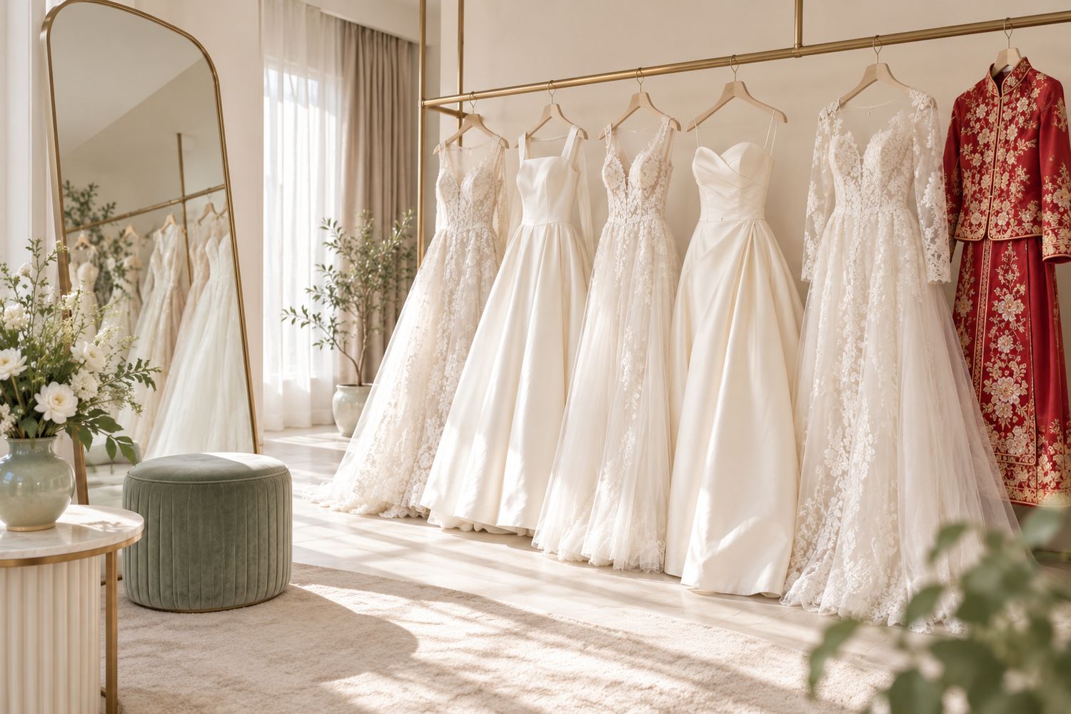 A rail of ivory gowns and one red kua in the fitting room