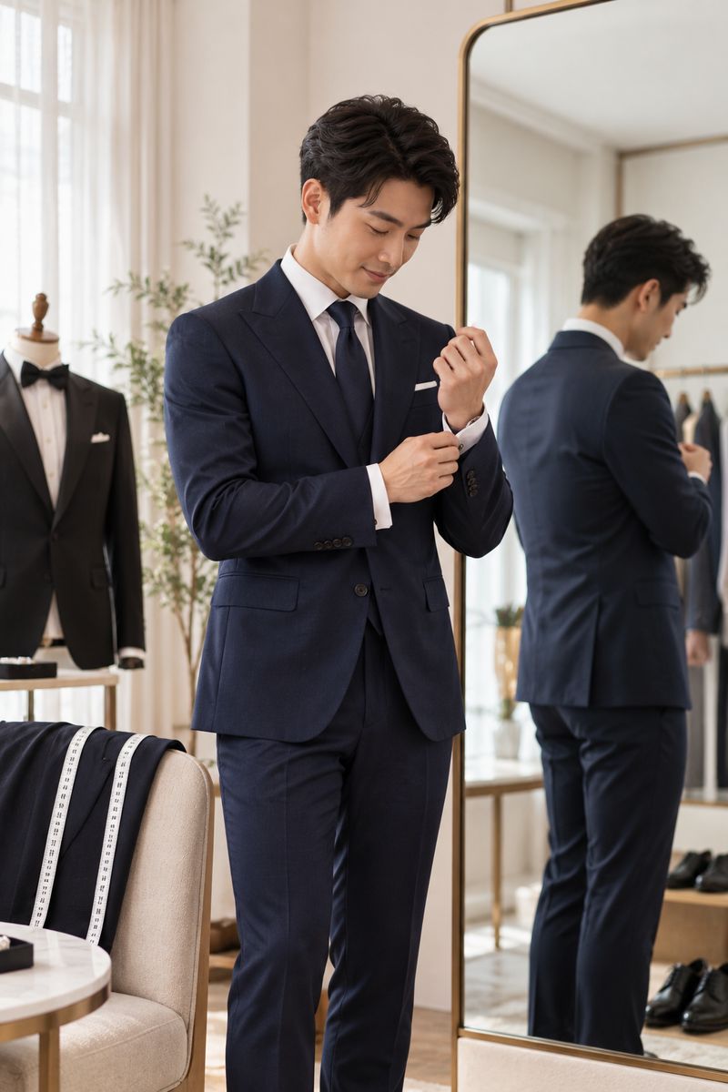 A groom adjusting the cuff of a navy suit in the mirror