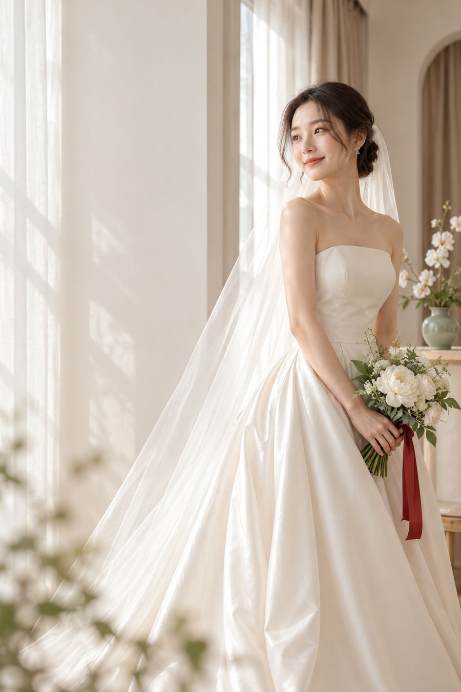A bride in an ivory silk gown and long veil by a bright studio window