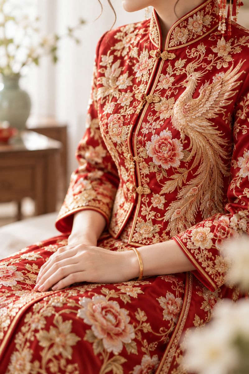 Close-up of the gold embroidery on the red kua