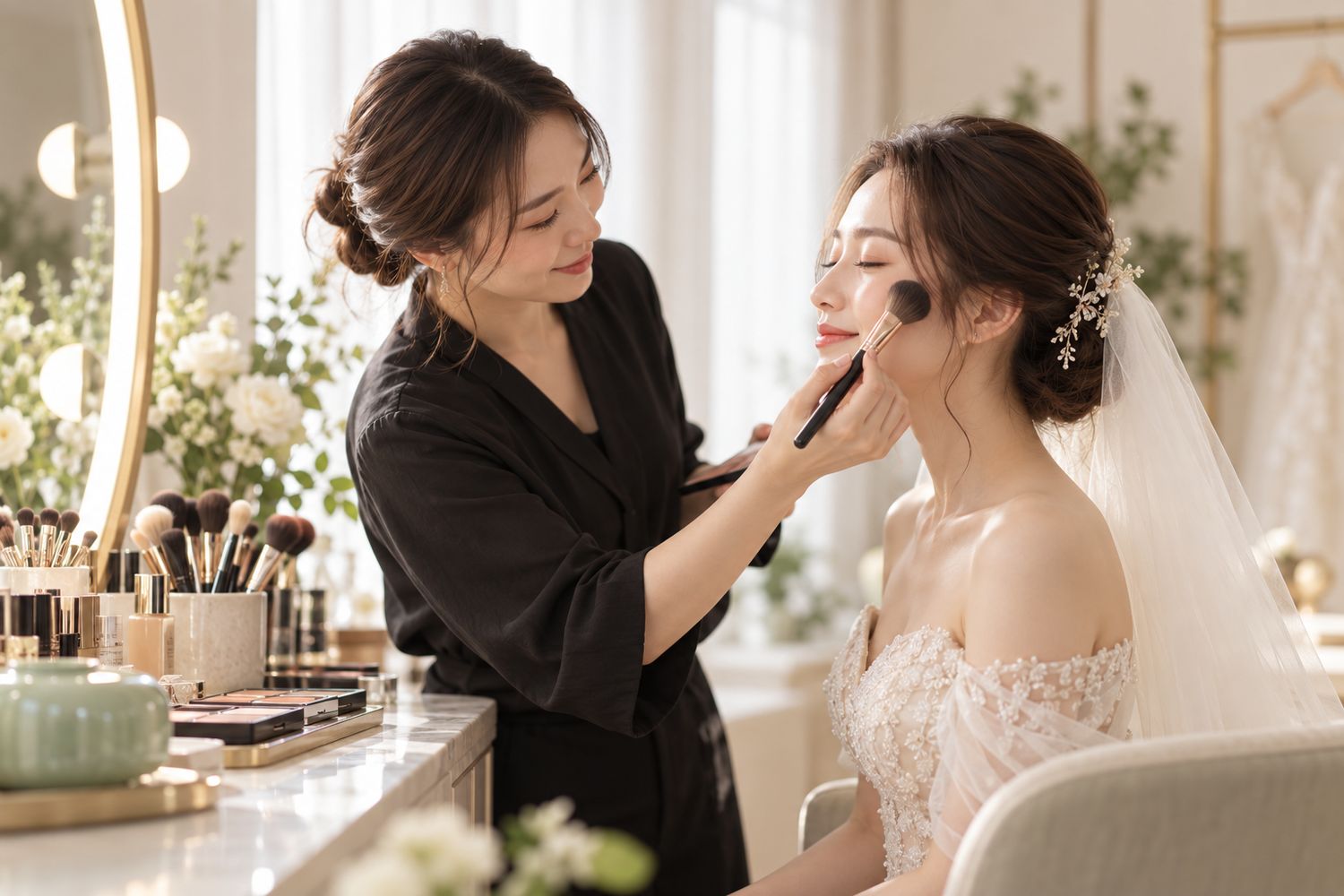 A makeup artist applying blush to a bride seated at a lit vanity