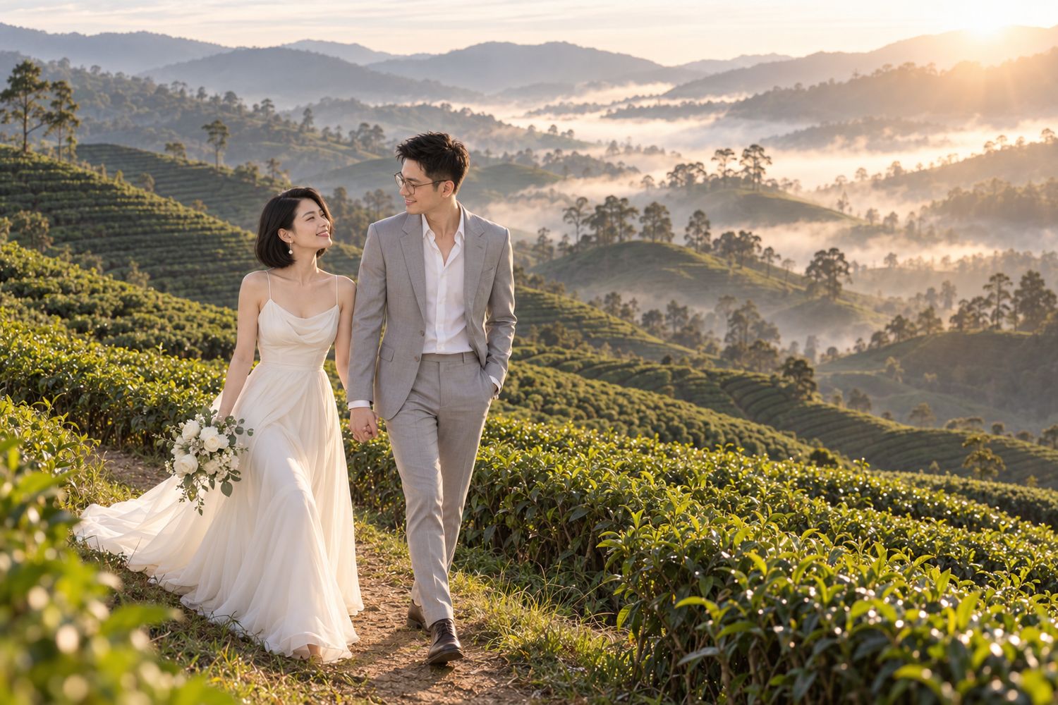 Shu Wen and Daniel walking hand in hand through misty tea hills at sunrise