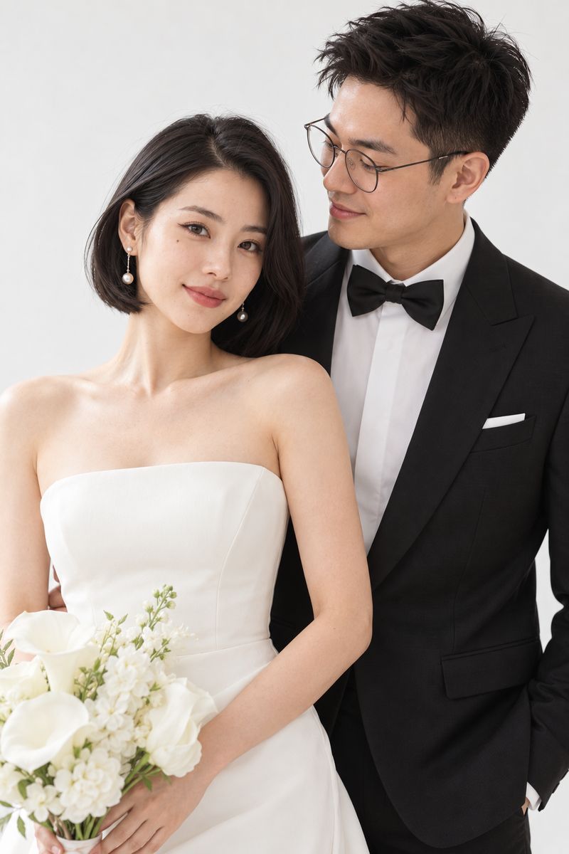 Shu Wen in a strapless ivory gown with Daniel in a tuxedo behind her, in the studio