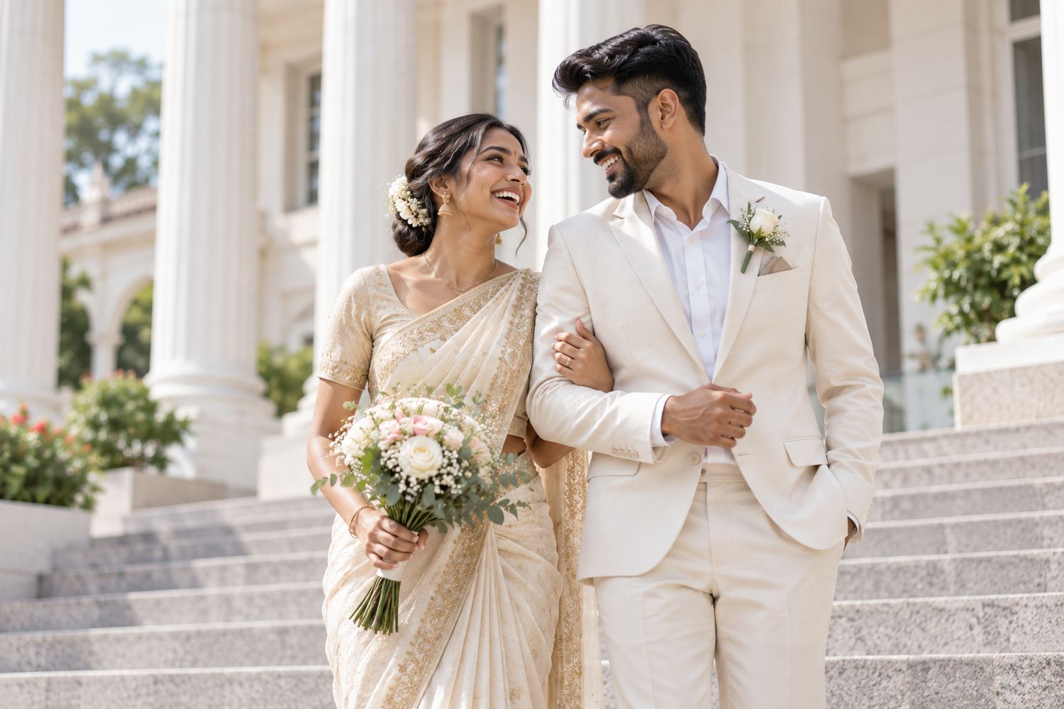 An Indian bride in an ivory saree laughing with her groom on civic building steps