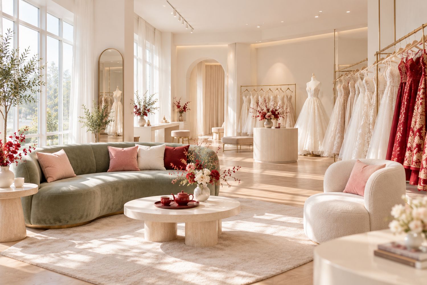 The bright studio with a celadon sofa, a red tea set and a gown rail